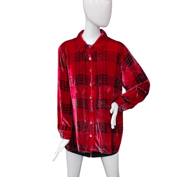 Soft Surroundings Blouse Size Large Red Festive Velvet Button Down - Picture 4 of 14